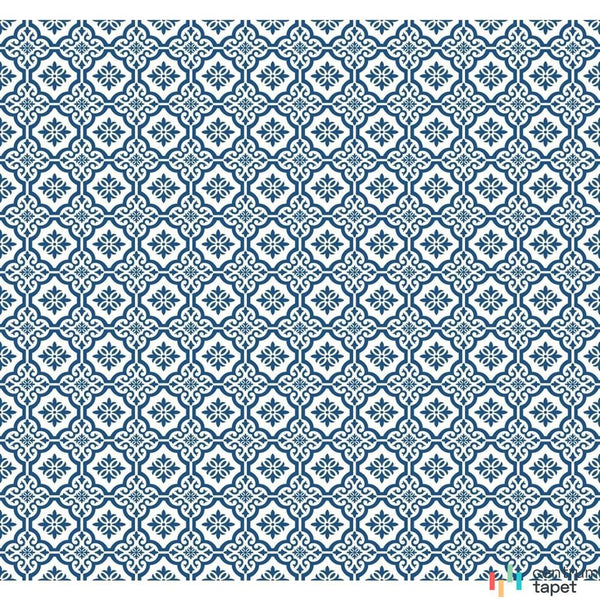 Gęsty granatowo-biały ornament z drobnymi rozetami w zamkniętych dekoracyjnych obrysach, tapeta MB31702