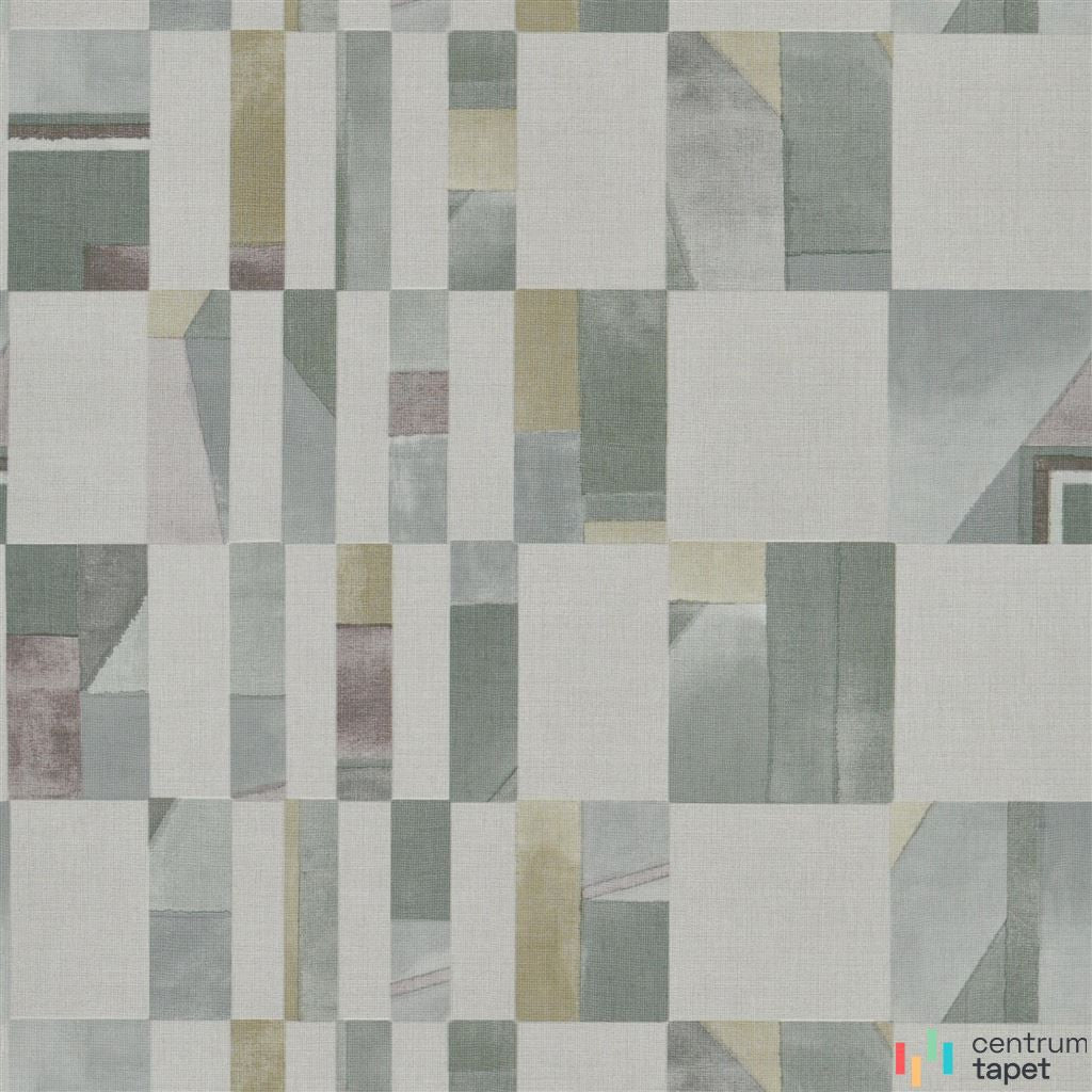 Jasny patchwork prostokątów, pasków i ukośnych części w szarościach, beżach i zgaszonej zieleni