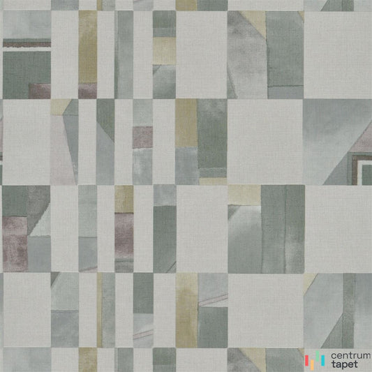 Jasny patchwork prostokątów, pasków i ukośnych części w szarościach, beżach i zgaszonej zieleni