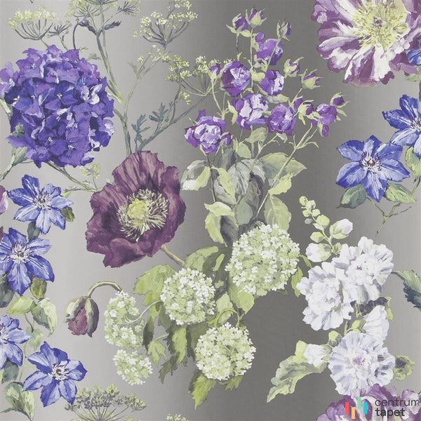 Fioletowe, białawe i zielone kwiatowe grupy na stonowanej szarooliwkowej bazie Flowers P623/03